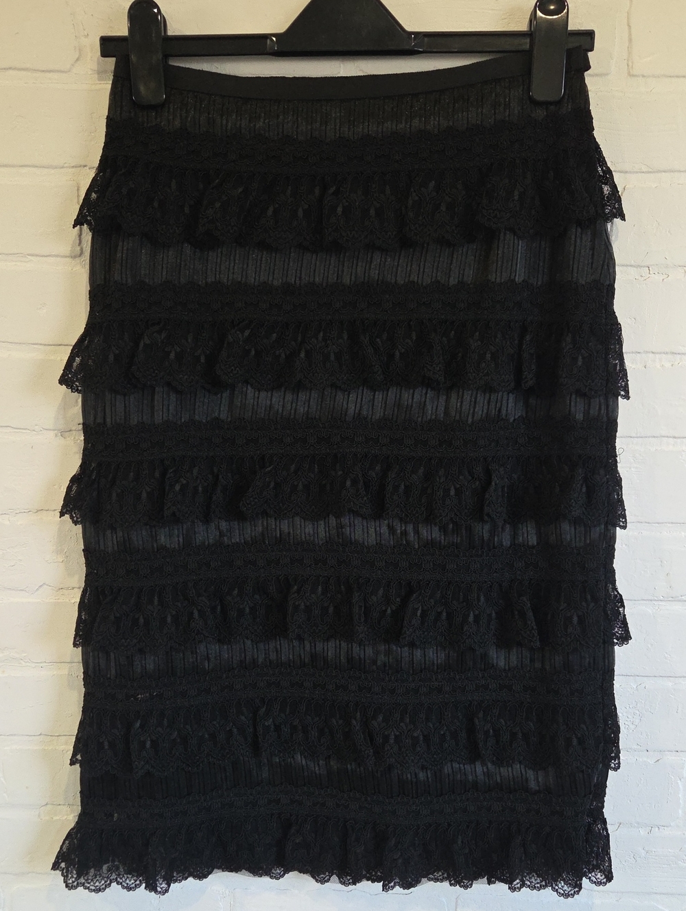 Oscar de la Renta Black Tiered Lace Midi Skirt